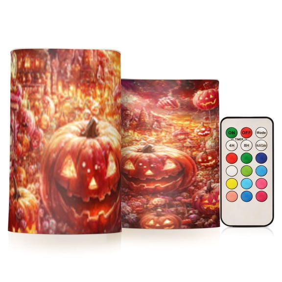 Halloween Pumpkin Town Flickering Flameless Candles Battery Operated with Remote Timer LED Pillar Candles Set of 2