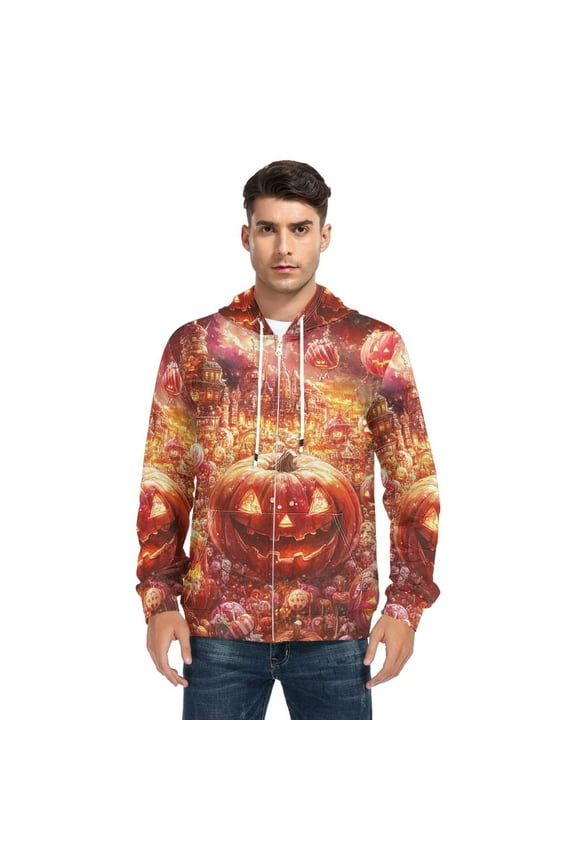 Halloween Pumpkin Town Men’s Hoodies Sweatshirt with Full Zip Pockets Fleece Jackets