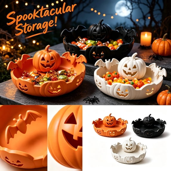 Halloween Pumpkin Treat Holder Bowl, Ornamental Table Storage Dish, Versatile Snack Container for Home Table, Halloween Party Favors & Seasonal Decor Gift Black