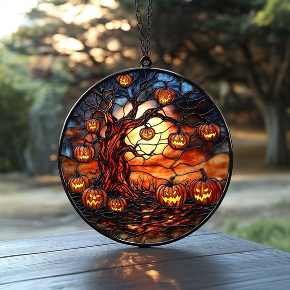Halloween Pumpkin Tree Faux Stained Glass Acrylic Suncatcher, Spooky Window Hanging, Haunted Autumn Home Decor Gift