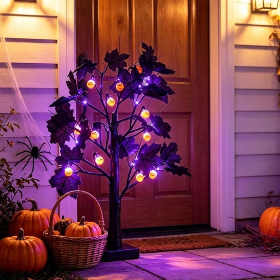 Halloween Pumpkin Tree Light, 20in Wizard Pumpkin Maple Leaf LED Light Tree USB Battery Powered Tabletop Accent Decor for Mantel, Desk