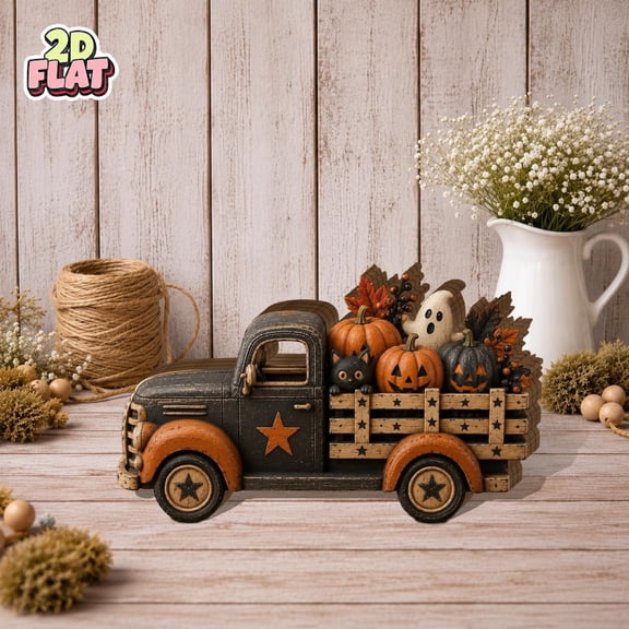 Halloween Pumpkin Truck Wooden Block, Ghost Pumpkin Patch Decor, Spooky Fall Farmhouse Decor, Rustic Halloween Shelf Sitter