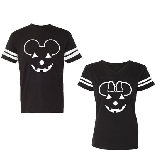 Halloween Pumpkin Unisex Couple Matching Cotton Jersey style T-Shirt Contrasting stripes on sleeves (Men Black / Women Black) (Men L / Women XXL)