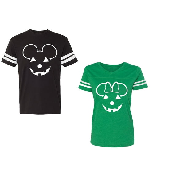 Halloween Pumpkin Unisex Couple Matching Cotton Jersey style T-Shirt Contrasting stripes on sleeves (Men Black / Women Green) (Men L / Women L)