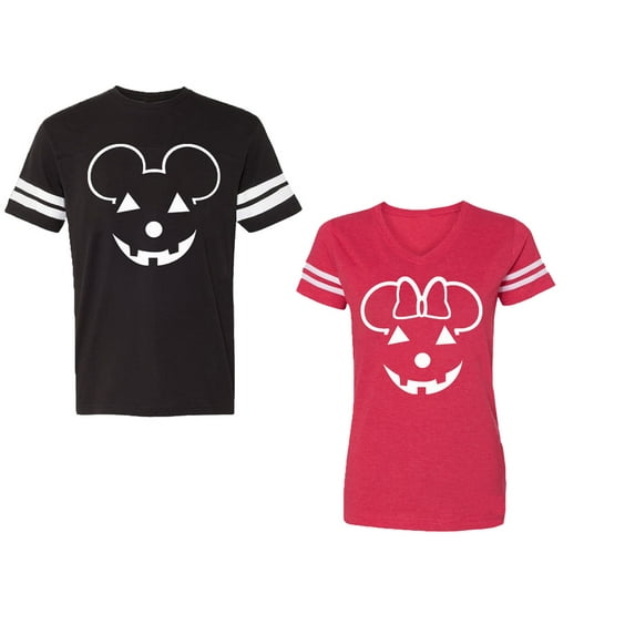 Halloween Pumpkin Unisex Couple Matching Cotton Jersey style T-Shirt Contrasting stripes on sleeves (Men Black / Women Red) (Men XXXL / Women XXL)