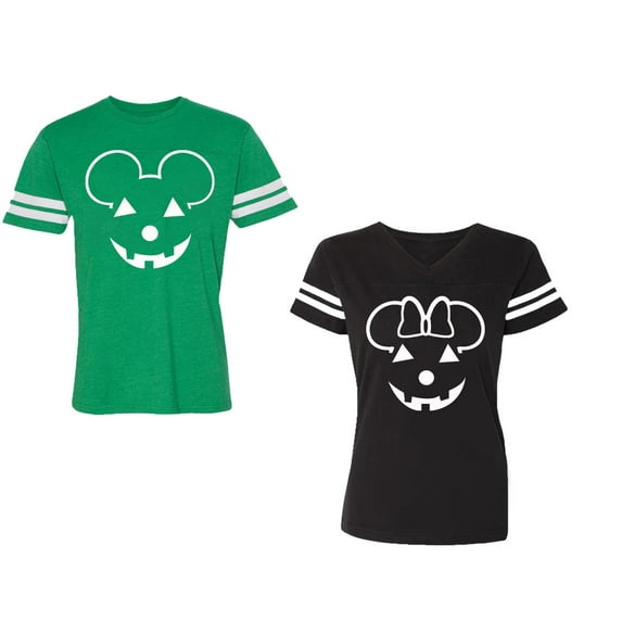 Halloween Pumpkin Unisex Couple Matching Cotton Jersey style T-Shirt Contrasting stripes on sleeves (Men Green / Women Black) (Men M / Women XL)