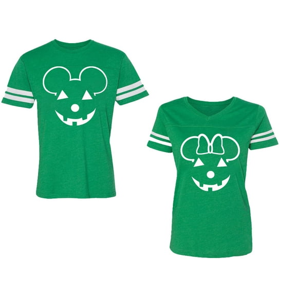 Halloween Pumpkin Unisex Couple Matching Cotton Jersey style T-Shirt Contrasting stripes on sleeves (Men Green / Women Green) (Men XL / Women L)