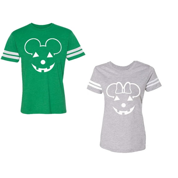 Halloween Pumpkin Unisex Couple Matching Cotton Jersey style T-Shirt Contrasting stripes on sleeves (Men Green / Women Heather) (Men XXL / Women XXL)