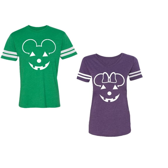 Halloween Pumpkin Unisex Couple Matching Cotton Jersey style T-Shirt Contrasting stripes on sleeves (Men Green / Women Purple) (Men S / Women M)
