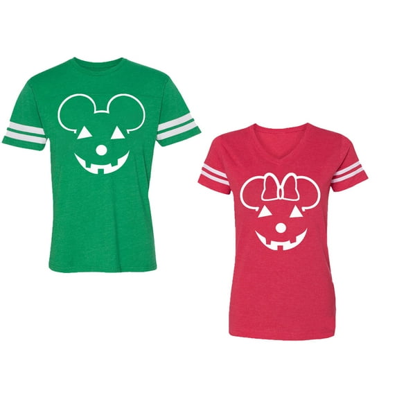 Halloween Pumpkin Unisex Couple Matching Cotton Jersey style T-Shirt Contrasting stripes on sleeves (Men Green / Women Red) (Men L / Women M)