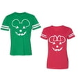 thumbnail image 1 of Halloween Pumpkin Unisex Couple Matching Cotton Jersey style T-Shirt Contrasting stripes on sleeves (Men Green / Women Red) (Men XXL / Women L), 1 of 3
