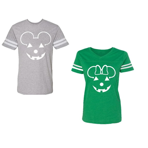 Halloween Pumpkin Unisex Couple Matching Cotton Jersey style T-Shirt Contrasting stripes on sleeves (Men Heather / Women Green) (Men XXL / Women M)