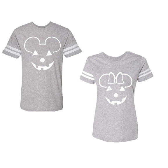 Halloween Pumpkin Unisex Couple Matching Cotton Jersey style T-Shirt Contrasting stripes on sleeves (Men Heather / Women Heather) (Men M / Women XL)