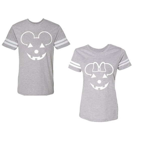 Halloween Pumpkin Unisex Couple Matching Cotton Jersey style T-Shirt Contrasting stripes on sleeves (Men Heather / Women Heather) (Men XL / Women L)