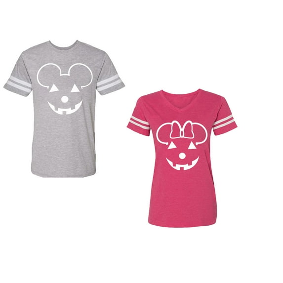 Halloween Pumpkin Unisex Couple Matching Cotton Jersey style T-Shirt Contrasting stripes on sleeves (Men Heather / Women Pink) (Men L / Women S)