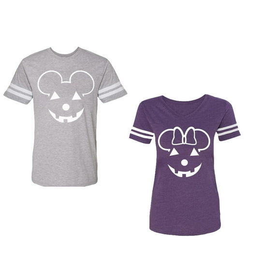 Halloween Pumpkin Unisex Couple Matching Cotton Jersey style T-Shirt Contrasting stripes on sleeves (Men Heather / Women Purple) (Men S / Women XL)