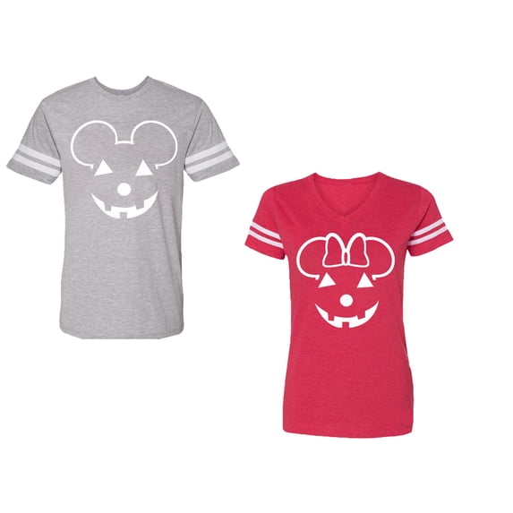 Halloween Pumpkin Unisex Couple Matching Cotton Jersey style T-Shirt Contrasting stripes on sleeves (Men Heather / Women Red) (Men XXL / Women S)