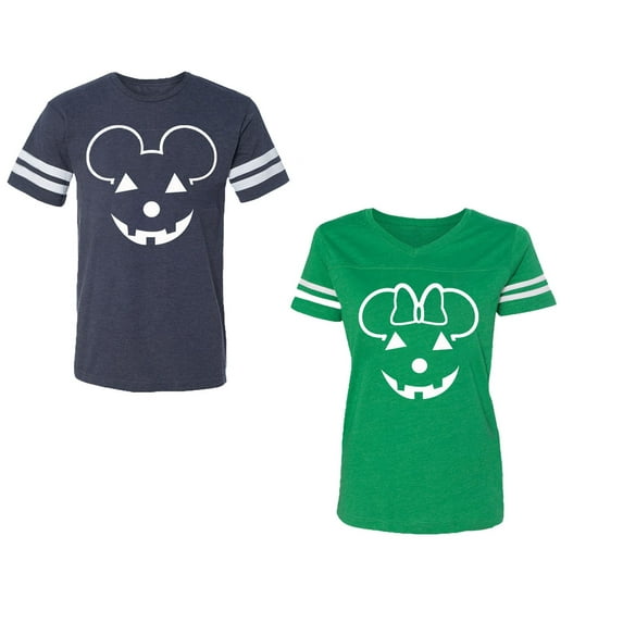 Halloween Pumpkin Unisex Couple Matching Cotton Jersey style T-Shirt Contrasting stripes on sleeves (Men Navy / Women Green) (Men L / Women XXL)