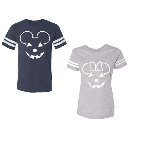 Halloween Pumpkin Unisex Couple Matching Cotton Jersey style T-Shirt Contrasting stripes on sleeves (Men Navy / Women Heather) (Men XXL / Women L)