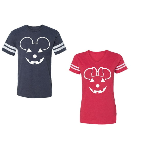 Halloween Pumpkin Unisex Couple Matching Cotton Jersey style T-Shirt Contrasting stripes on sleeves (Men Navy / Women Red) (Men XXL / Women S)