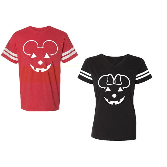 Halloween Pumpkin Unisex Couple Matching Cotton Jersey style T-Shirt Contrasting stripes on sleeves (Men Red / Women Black) (Men M / Women M)