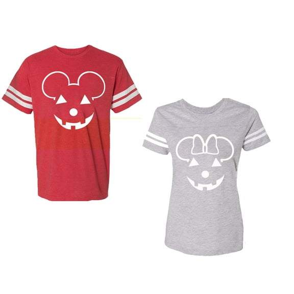 Halloween Pumpkin Unisex Couple Matching Cotton Jersey style T-Shirt Contrasting stripes on sleeves (Men Red / Women Heather) (Men L / Women XXL)