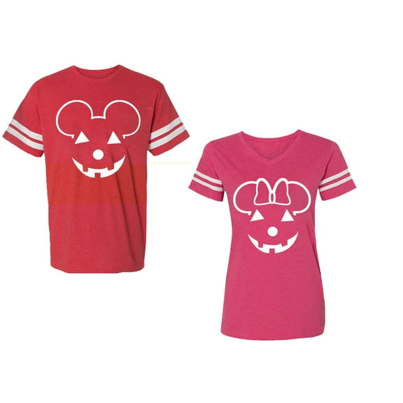 Halloween Pumpkin Unisex Couple Matching Cotton Jersey style T-Shirt Contrasting stripes on sleeves (Men Red / Women Pink) (Men S / Women L)