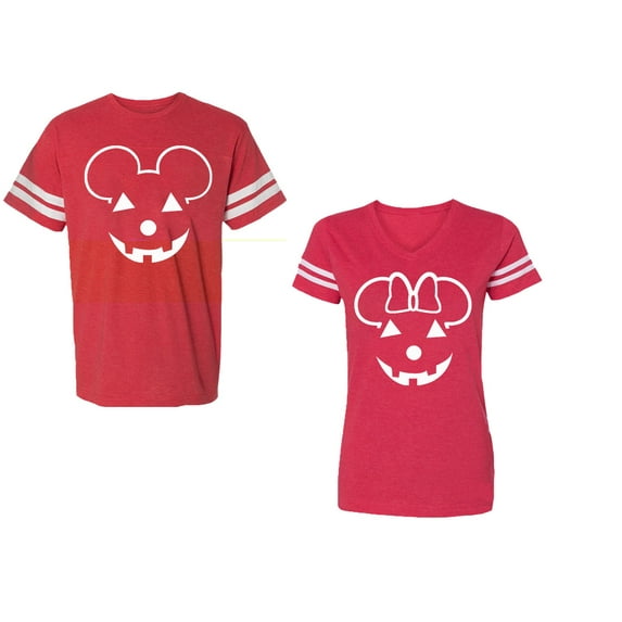 Halloween Pumpkin Unisex Couple Matching Cotton Jersey style T-Shirt Contrasting stripes on sleeves (Men Red / Women Red) (Men XXL / Women XL)