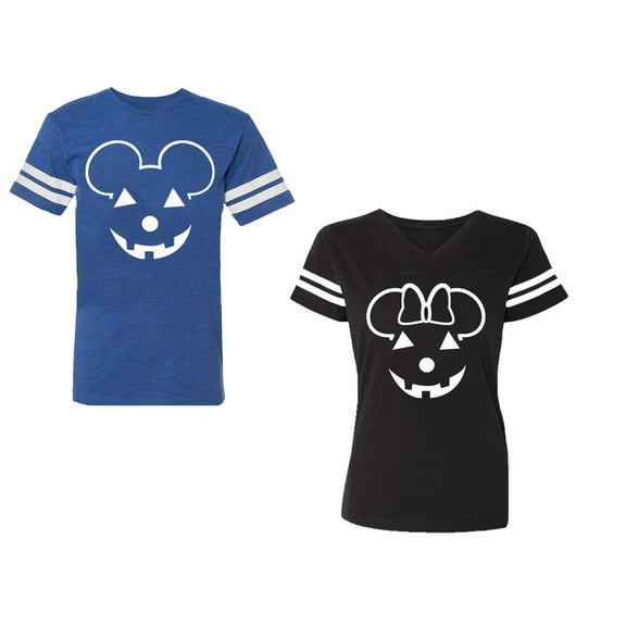 Halloween Pumpkin Unisex Couple Matching Cotton Jersey style T-Shirt Contrasting stripes on sleeves (Men Royal / Women Black) (Men M / Women XXL)