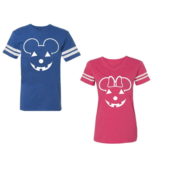 Halloween Pumpkin Unisex Couple Matching Cotton Jersey style T-Shirt Contrasting stripes on sleeves (Men Royal / Women Pink) (Men XL / Women L)