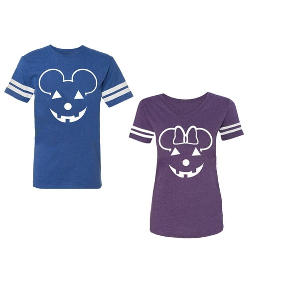 Halloween Pumpkin Unisex Couple Matching Cotton Jersey style T-Shirt Contrasting stripes on sleeves (Men Royal / Women Purple) (Men XL / Women L)