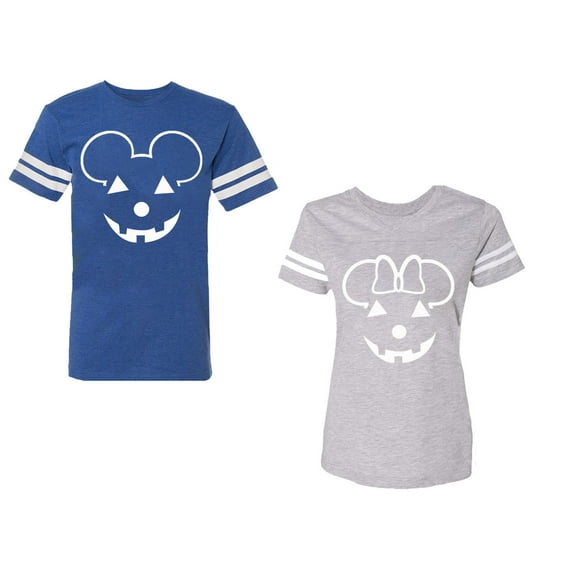 Halloween Pumpkin Unisex Couple Matching Cotton Jersey style T-Shirt Contrasting stripes on sleeves (Men Royal / Women Heather) (Men XXXL / Women XXL)