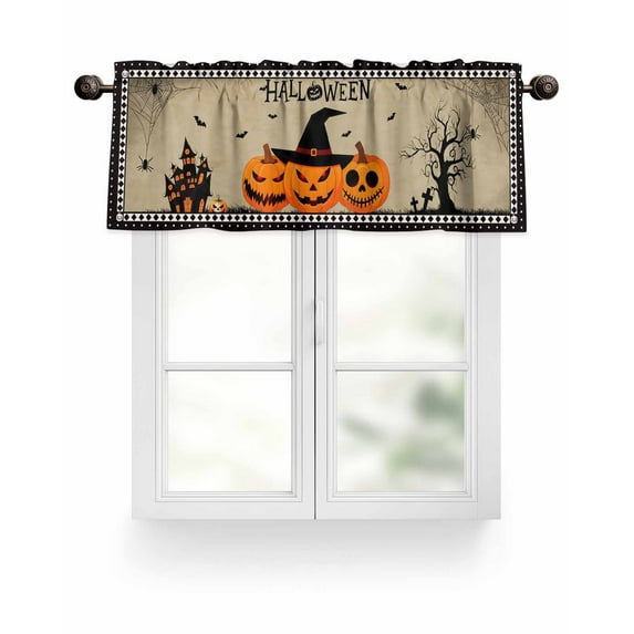 Halloween Pumpkin Valances for Windows Castle Lattice Beige Horrible Valance Rod Pocket Light Filtering Short Window Treatments Curtains for Kitchen Bathroom Living Room Bedroom, 42 x 18 Inch