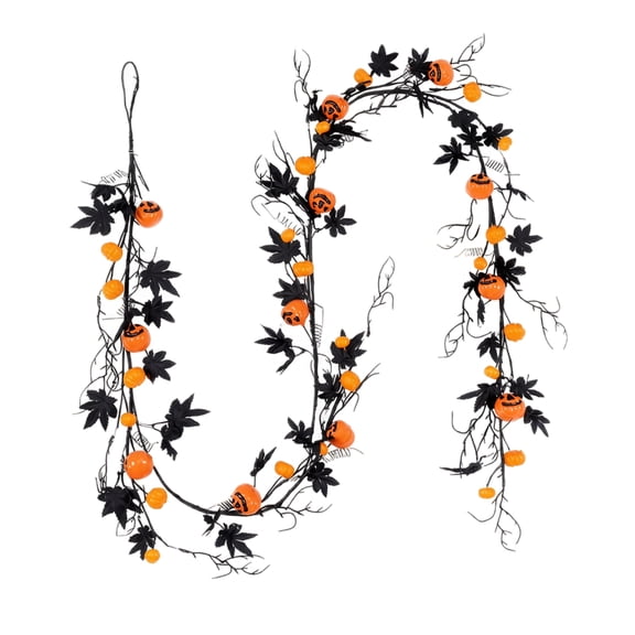 Halloween Pumpkin Vine Garland - Black Maple Leaf Twig Hanging Decor with 11 Mini Jack O Lantern, Bendable Soft Rubber for Front Door Mantel Arch Wall