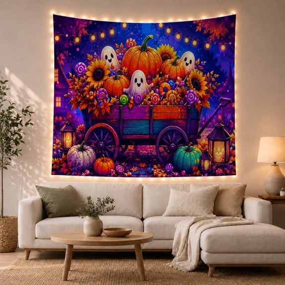 Halloween Pumpkin Wagon in Starry Night, Playful Folk Art for Gothic Decor Fans, Canvas Art Print, Halloween Gift, Tapestry Wall Hanging for Bedroom and Living Room