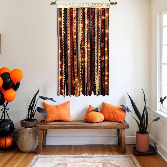 Halloween Pumpkin Wall Banner, Glowing Fringe Fabric Hanging Decoration Reusable Festive Backdrop, for Living Room Hallway Party Venue Indoor Halloween Home Decor