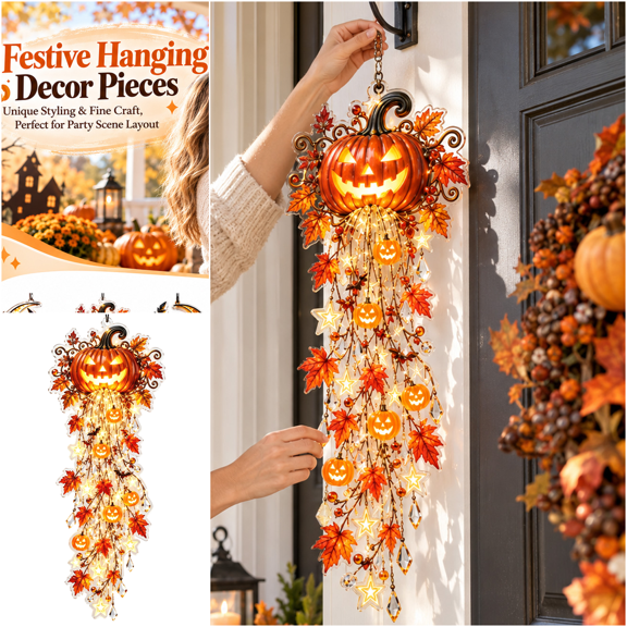 Halloween Pumpkin Waterfall Light, Orange Maple Leaf Cascading Fairy Light, Fall Harvest Battery Operated Wall Hanging Decoration