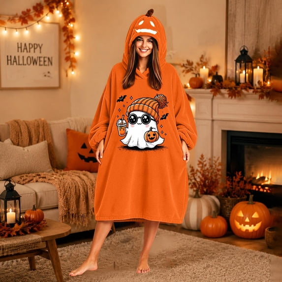 Halloween Pumpkin Wearable Blanket Hoodie, Hooded Wearable Blanket Poncho for Adults, Cozy Oversized Plush Blanket Wrap for Home Lounge Couch Relaxing, Halloween Gift for Family