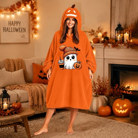 Halloween Pumpkin Wearable Blanket Hoodie, Hooded Wearable Blanket Poncho for Adults, Cozy Oversized Plush Blanket Wrap for Home Lounge Couch Relaxing, Halloween Gift for Family