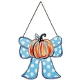 thumbnail image 1 of Halloween Pumpkin Welcome Door Sign With Polka‑Dot Bow, Farmhouse‑Style Wooden Ornament for Front Porch & Entryway, 1 of 5