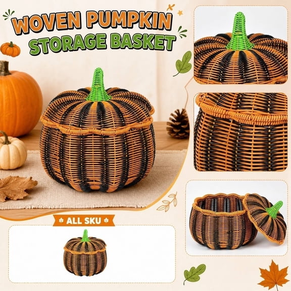 Halloween Pumpkin Wicker Storage Basket - Handwoven Rattan Decorative Fall Basket with Stem Lid for Home Organization, Rustic Autumn Thanksgiving Centerpiece