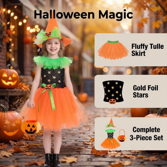 Halloween Pumpkin Witch Cosplay Dress with Orange Mesh Tulle Layered Skirt and Festive Patterns for Carnival Stage Performance Orange
