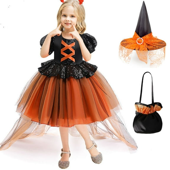 Halloween Pumpkin Witch Costume for Girls Kid Cosplay Tulle Dress