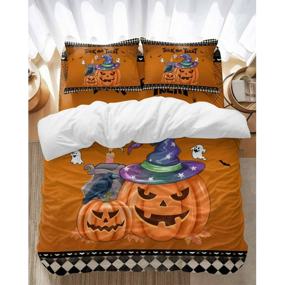 Halloween Pumpkin in Witch Hat Bedding Duvet Cover Set Twin Size 4 Pieces Trick Or Treat Ghost Crow Bedding Set with Zipper Closure, 1 Comforter Cover 68x86 Inches 1 Flat Sheet & 2 Pillow Cases