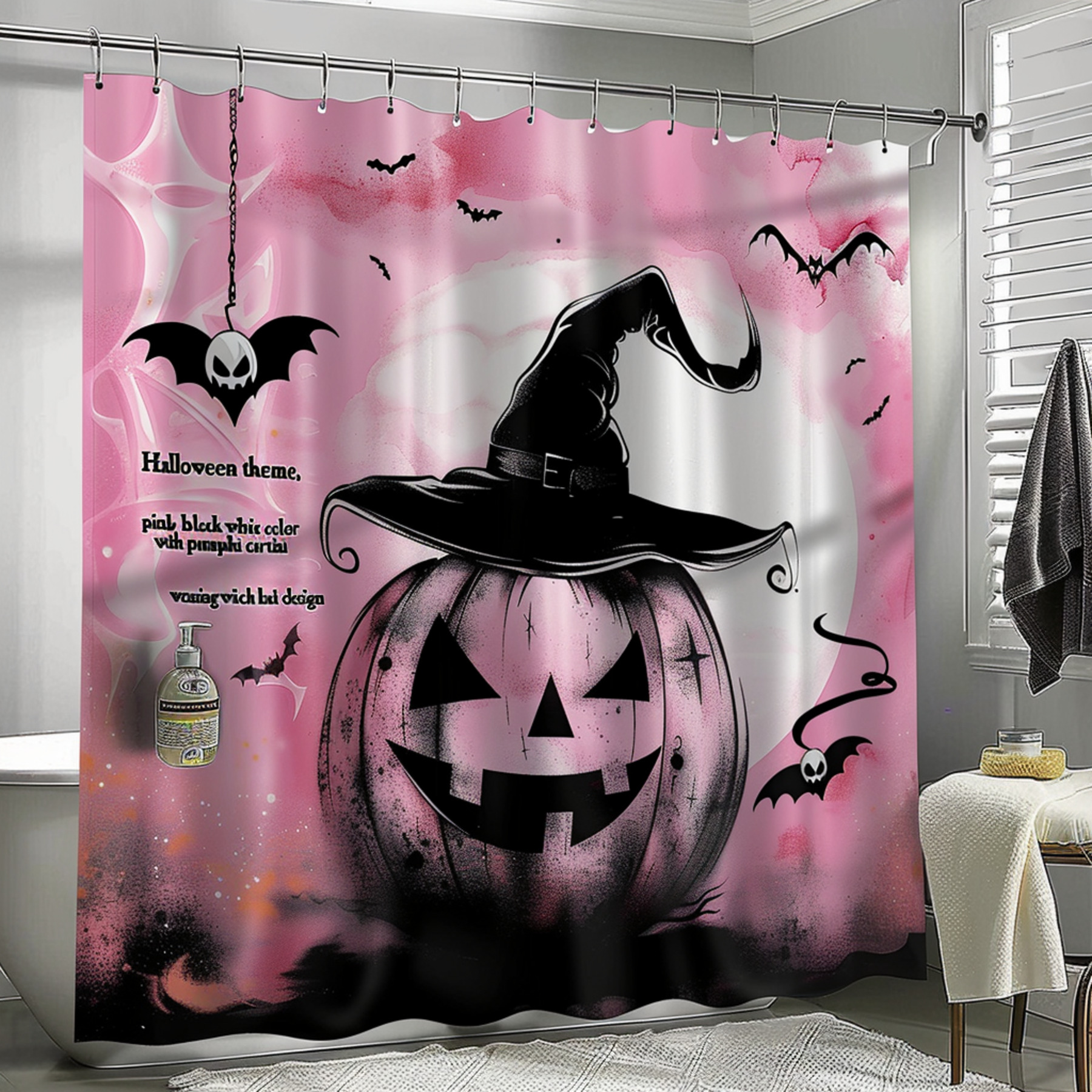 Halloween Pumpkin Witch Hat Design Shower Curtain Pink Black White