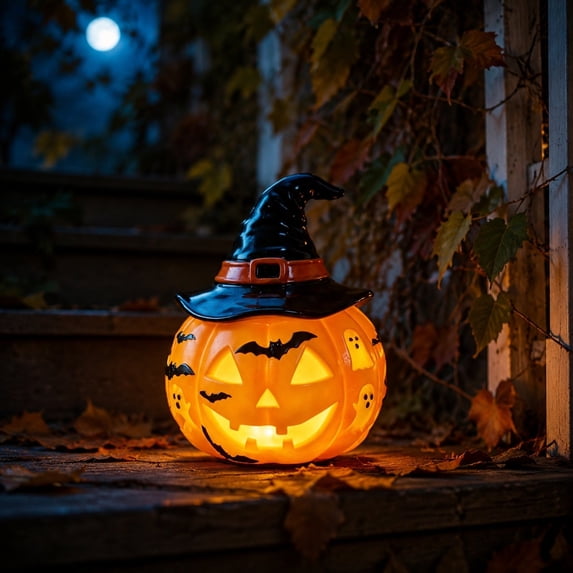 Halloween Pumpkin Witch Hat Lamp, Orange Resin Tabletop Night Light with Warm LED Glow, Spooky Decor for Bedroom Desk Bar Mantel Party Home