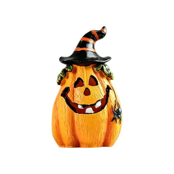 Halloween Pumpkin Witch Hat Resin Figurine Set With Led Light Up Tabletop Decor