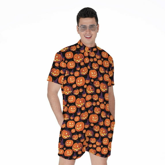 Halloween Pumpkin Witch Pattern Short Sleeve Men'S Rompers, Halloween Decorative Casual Summer Jumpsuits Outfit