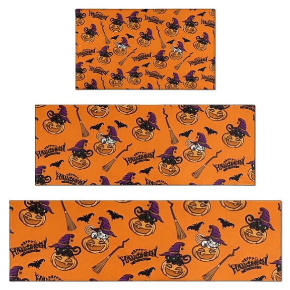 Halloween Pumpkin Witches Pattern Kitchen Rugs Sets Of 3,Kitchen Runner Rugs Non Skid Washable,Decorative Kitchen Floor Mats for Kitchen,Sink,Laundry,17"x30"+ 17"x47" + 17"x59"