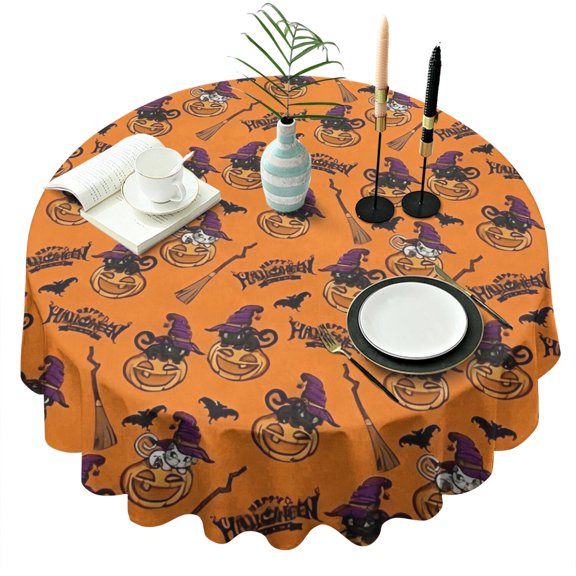Halloween Pumpkin Witches Pattern Round Tablecloth 60"x60",Wrinkle Wipeable Table Cloth for Kitchen Dining Room Picnic Patio Party